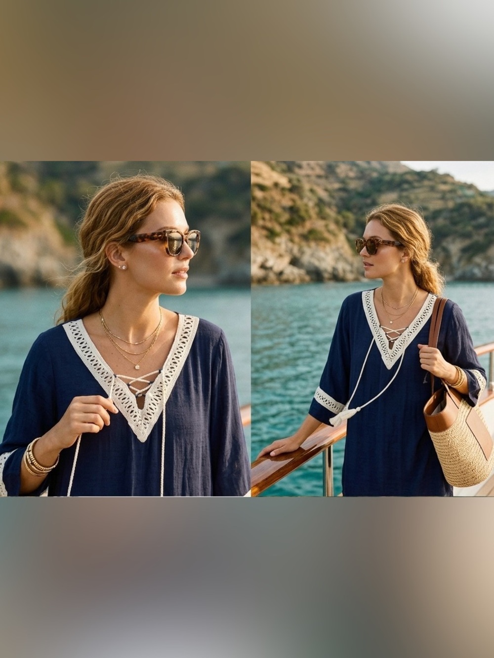 Entro Navy Blue Boho Lace Up Tunic Blouse Crochet Trim Peasant Top Large